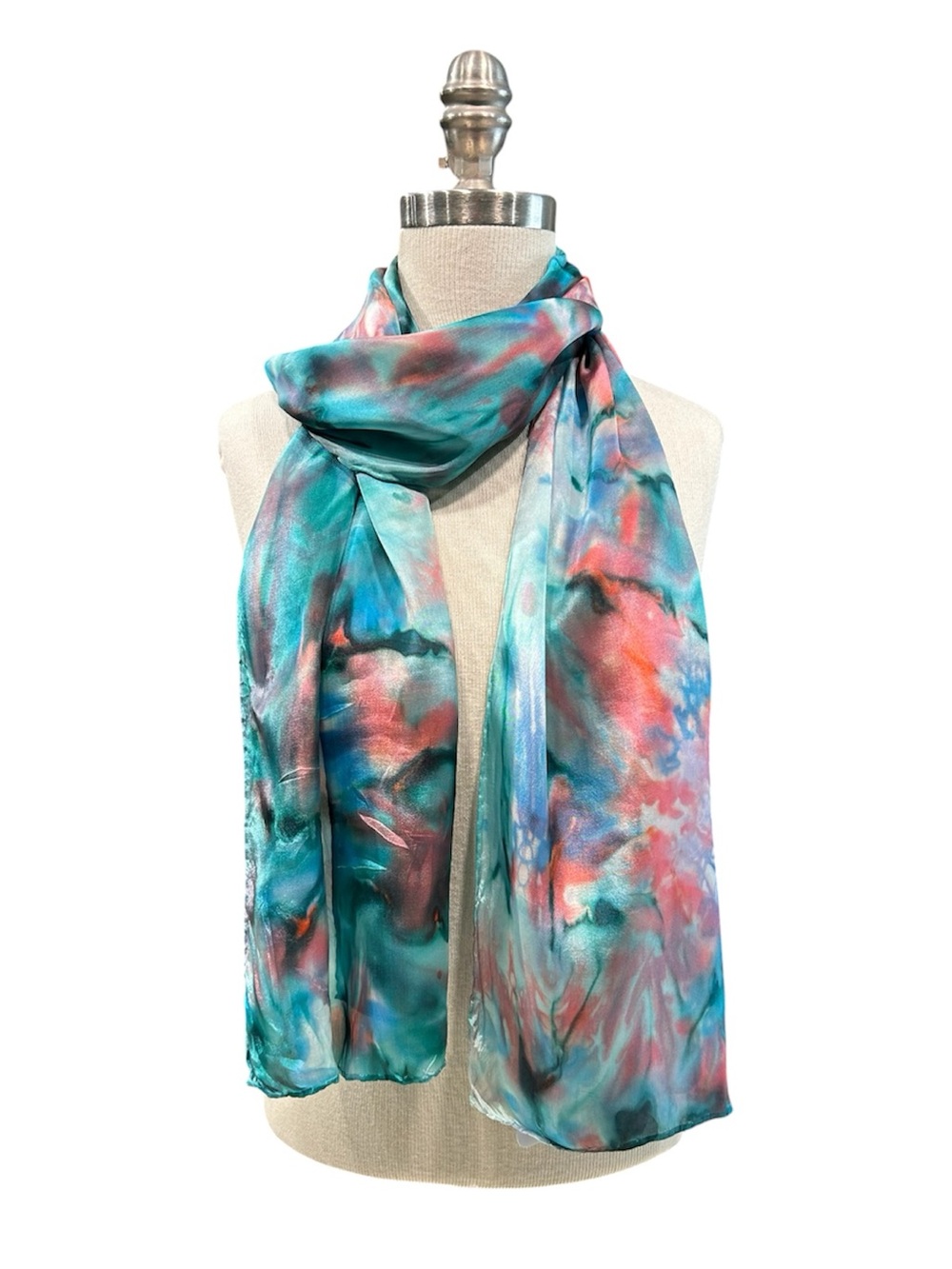 Hand Dyed Light Blue, Salmon, Viridian Green Silk Scarf NWT